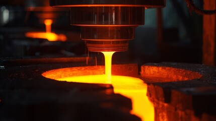 Molten plastic flowing through industrial extruder nozzle with orange glow