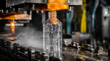 Transparent plastic bottle being formed in injection molding machine with steam