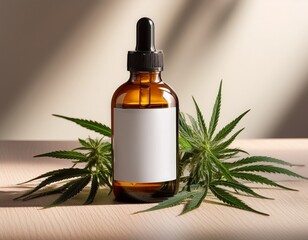 mockup of blank cbd or thc oil glass bottle with empty label and canabis marijuana leaves on table or floor product packaging with natural shadows hemb medical plant