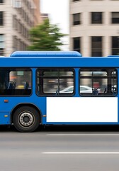A vibrant blue city bus moves swiftly through an urban setting, showcasing a large blank advertising panel.