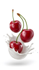 Fresh red cherries splashing in milk isolated on white background. Creative fruit concept for healthy eating, dairy advertising, diet, summer freshness, and food design visuals.