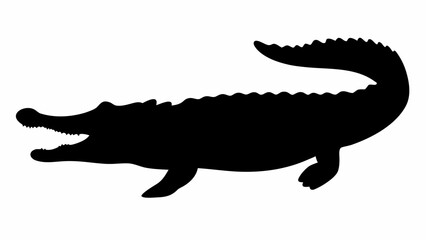Silhouette of an alligator with its mouth open showing its teeth and a long tail on a white background