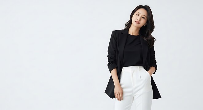A young Asian woman in a black blazer and white pants poses confidently against a plain white background.