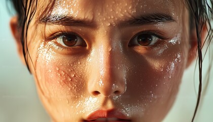 Sweating Water Droplet On The Face Of An Asian Woman: Female Athlete Engages In Fitness Exercise With Close-Up View.