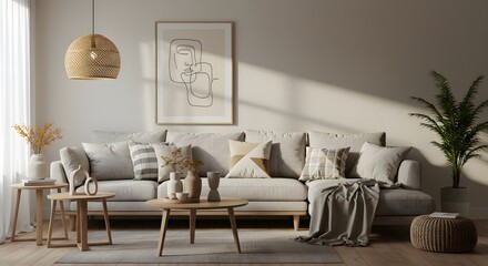 Modern Living Room Interior with Cozy Sofa, Abstract Art and Natural Light