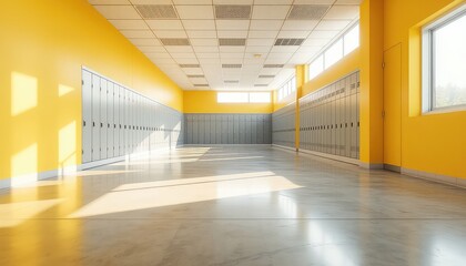 Bright sunlit hallway with rows of lockers and yellow walls, evoking a sense of potential and anticipation for future activities