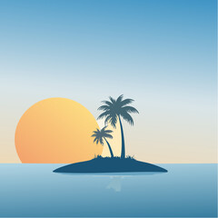 Obraz premium silhouette palm tree on an island, against gradient sky with sun