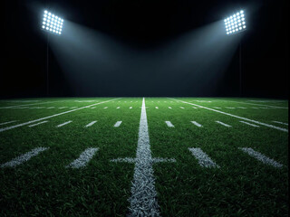 American football field at night from 50-yard line with intense floodlights and dramatic shadows.