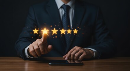 Customer Satisfaction: Hand Tapping Five Star Rating on Digital Screen