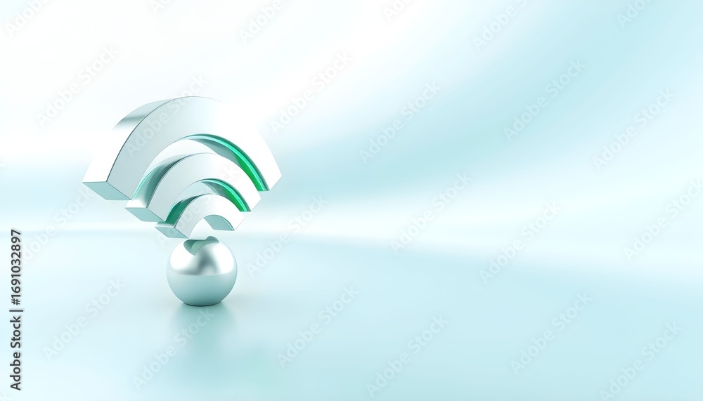 Aufkleber 3d rendering of a wireless signal icon resting on a metallic sphere, against a light blue background