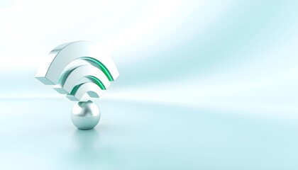 3D rendering of a wireless signal icon resting on a metallic sphere, against a light blue background.