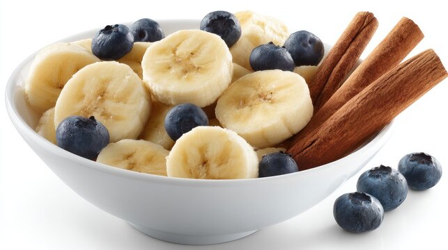a bowl with sliced bananas, blueberries, and cinnamon sticks - Powered by Adobe