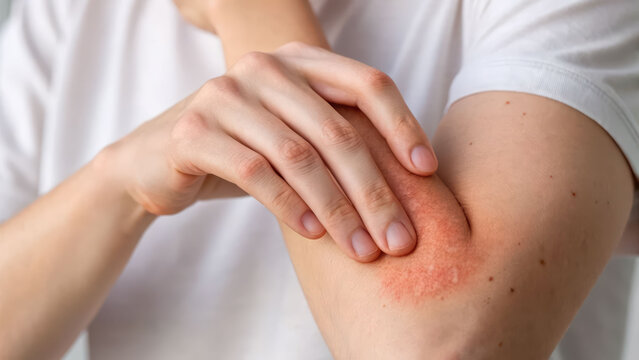 Eczema skin rash itch red arm irritation allergy atopic dermatitis discomfort managed gently by hand touch on elbow sensitive skin care routine