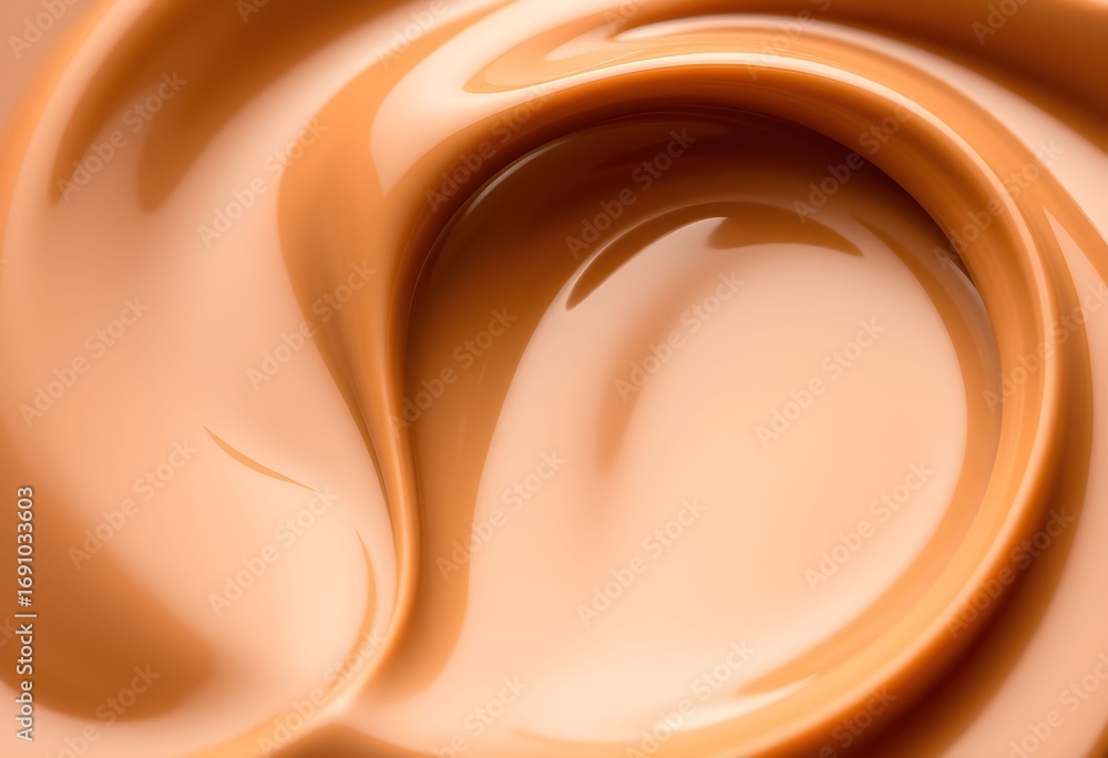 Poster close-up view of a swirl of liquid foundation, showcasing its smooth texture and color.