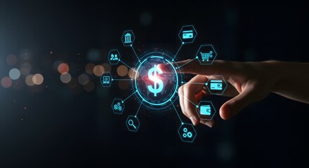 Digital Economy Concept: Hand Interacting with Financial Technology Icons and Dollar Symbol