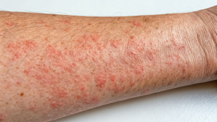 Eczema skin rash red arm closeup irritation atopic dermatitis flare shows dry itchy patch with redness on forearm and texture detail