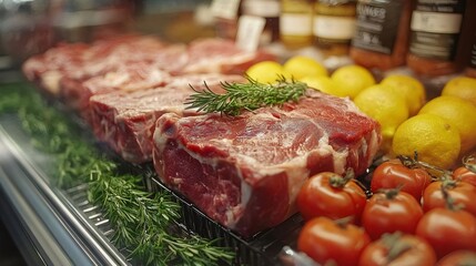 Close Up of Fresh Raw Red Steaks in Supermarket Display with Greens Lemons and Tomatoes