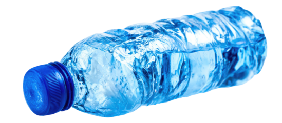 A light-blue plastic water bottle with a blue cap, lying diagonally