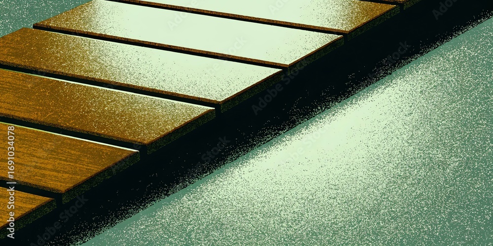 Poster close up abstract view of wet wooden slats on a textured metallic surface with shimmering light refl