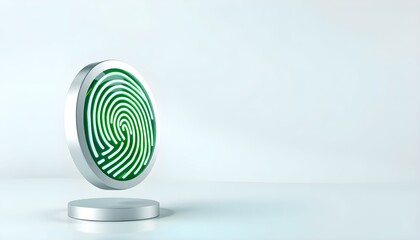 A futuristic fingerprint scanner with a glowing green biometric pattern, levitating above a sleek metallic stand.