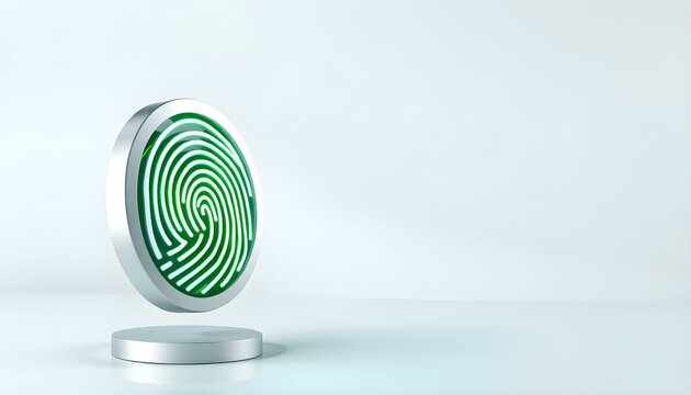 A futuristic fingerprint scanner with a glowing green biometric pattern, levitating above a sleek metallic stand.