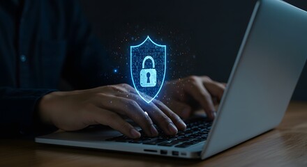 Digital Security Shield with Lock Icon and Binary Code Over Person Typing on Laptop