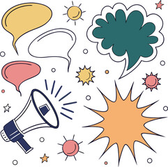 Print Hand drawn speech bubbles and megaphone with starbursts