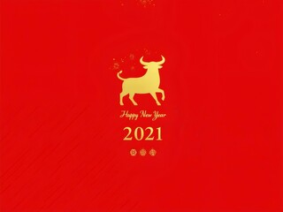 Golden Ox Silhouette on Red Background with Festive Chinese New Year 2021 Theme