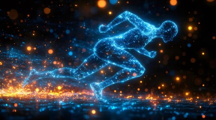 Glowing Blue Digital Runner in Starting Position with Orange Particles on Black Background