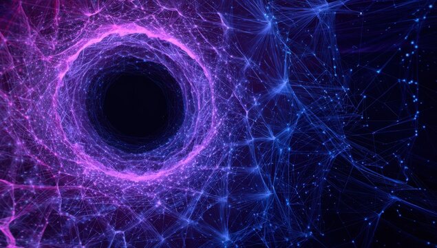 Abstract swirling vortex of interconnected lines and points, vibrant purple and blue hues