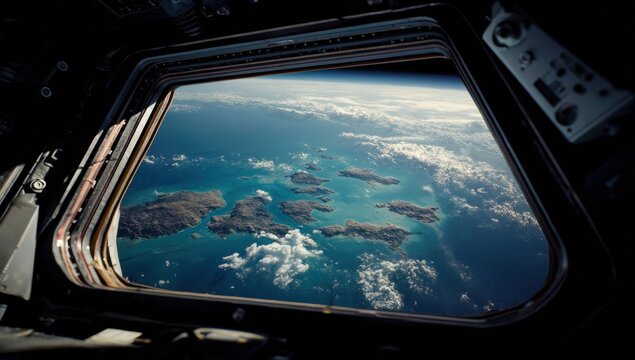 Fototapeta Earth seen through a spacecraft window. Islands and ocean below, clouds.  Dark interior