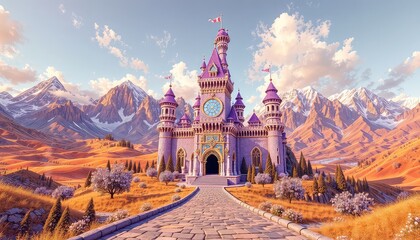 Fototapeta premium Grand stone castle nestled amidst rolling golden hills and majestic, snow-capped mountains against a beautiful sky