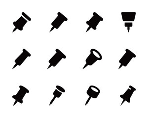 Set of black solid vector icons representing different thumbtacks and pushpins from various angles on a white background.