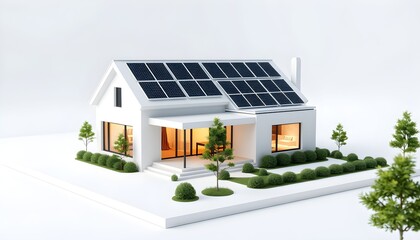 A modern white house with solar panels on the roof, surrounded by green landscaping and trees.