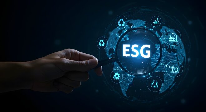 ESG Concept: Magnifying Glass Focuses on Environmental, Social, and Governance Icons around Globe