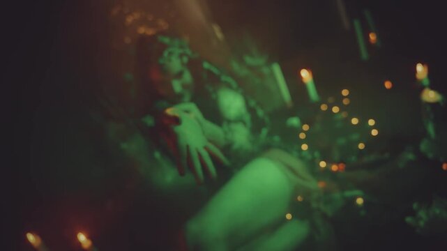 river nymph fantasy woman waves hand invites to go with her carnival halloween party, gesture follow me. black night dark water fog magic glow art neon light. Sexy girl gothic style dress witch spell