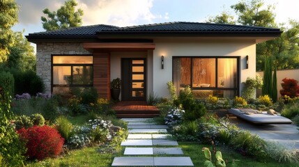 Fototapeta premium Modern Single Story House with Garden Landscaping and Stone Pathway Under a Sunny Blue Sky