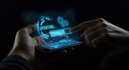 Futuristic Tech Update: Hand Interacting with Holographic Progress Bar on Smartphone