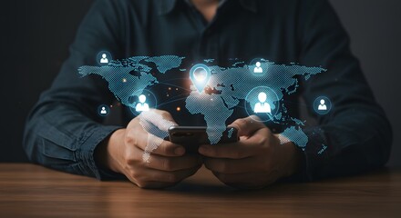 Global Business Connections: Person Using Smartphone with Digital World Map Overlay