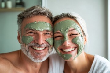 Middle-Aged Multicultural Couple Laughing with Green Clay Face Masks During Morning Routine
