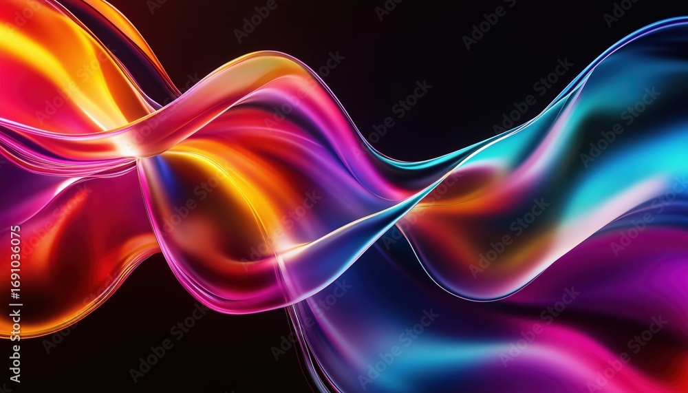 Poster iridescent liquid glass ribbon wave with neon rainbow light on abstract black: holographic gradient 
