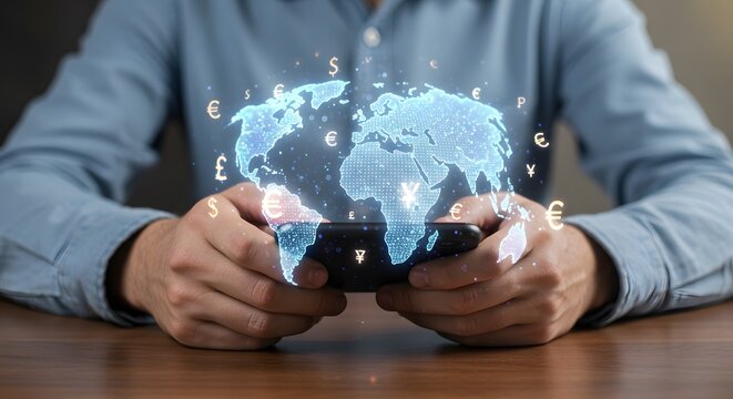 Global Finance and Investment: Person Using Smartphone with Digital World Map and Currency Symbols