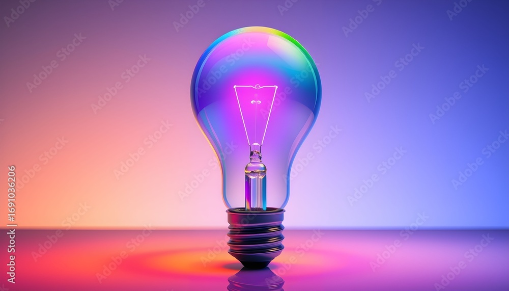 Poster a close-up shot of a lightbulb with a colorful gradient background, illuminated.