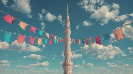 Tower festooned with colorful flags against a cloudy sky
