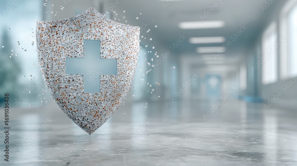 Poster 3d shield with medical cross design representing data security in a contemporary environment