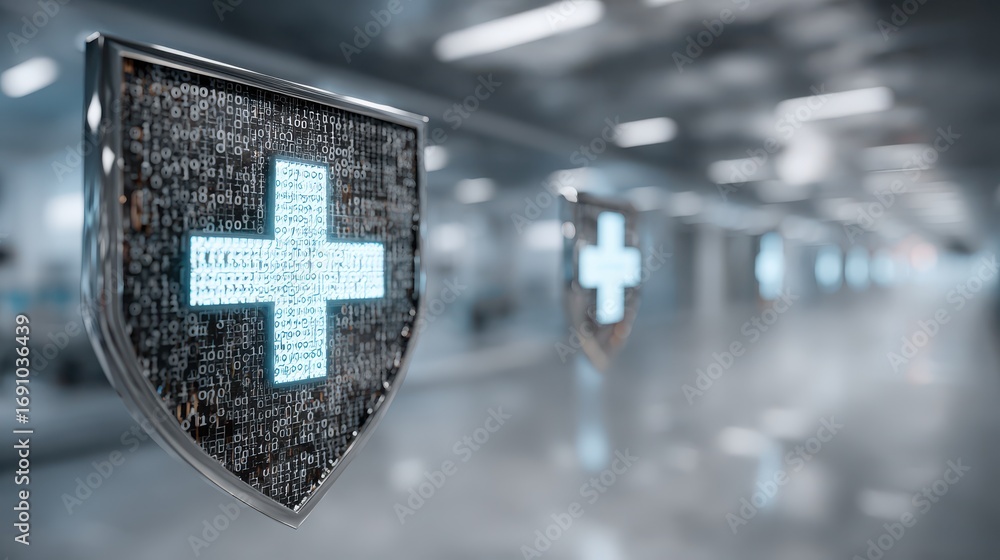 Poster 3d shield with medical cross and binary code illustrating data security in healthcare environment