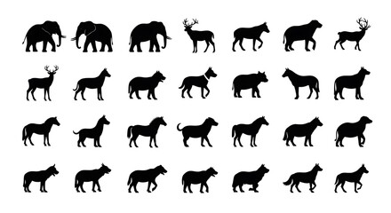 Diverse collection of animal silhouettes including elephants deer horses and dogs in a clean grid layout