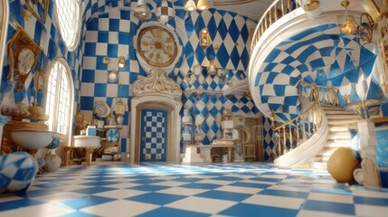 Whimsical, blue-and-white checkered interior with spiral staircase