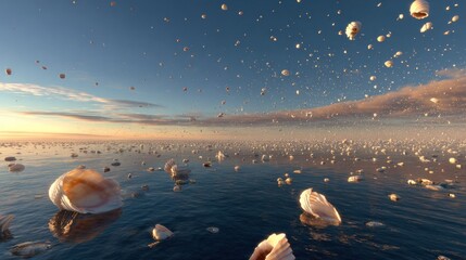 Seashells fall on a sea
