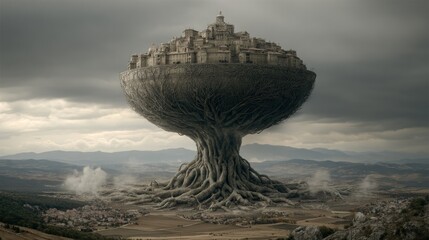 Floating city nestled in giant tree